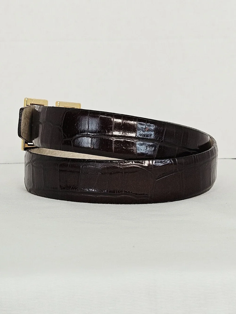 Ellen Tracy Italian Leather Croc Embossed Belt Brown Gold Slide Buckle S